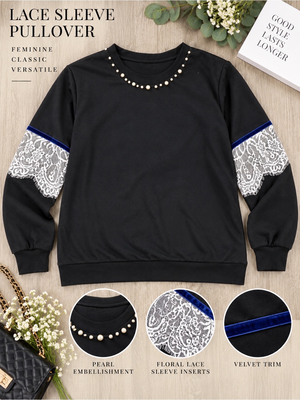 Black Lace Sleeve Pearl Embellished Pullover Sweatshirt Top 21” PTP